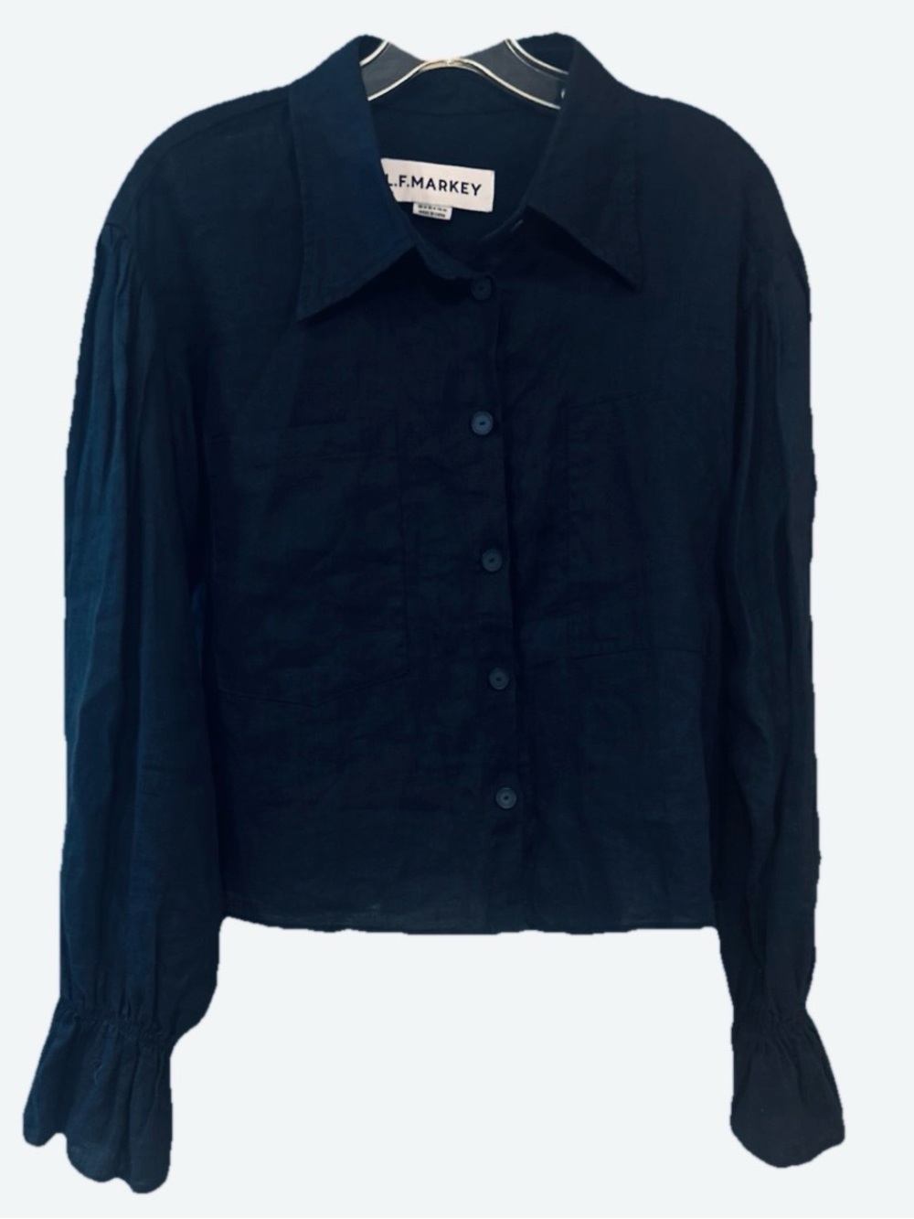 L.F. Markey Navy 100% Linen Button Front Blouse Gathered Back Size 4